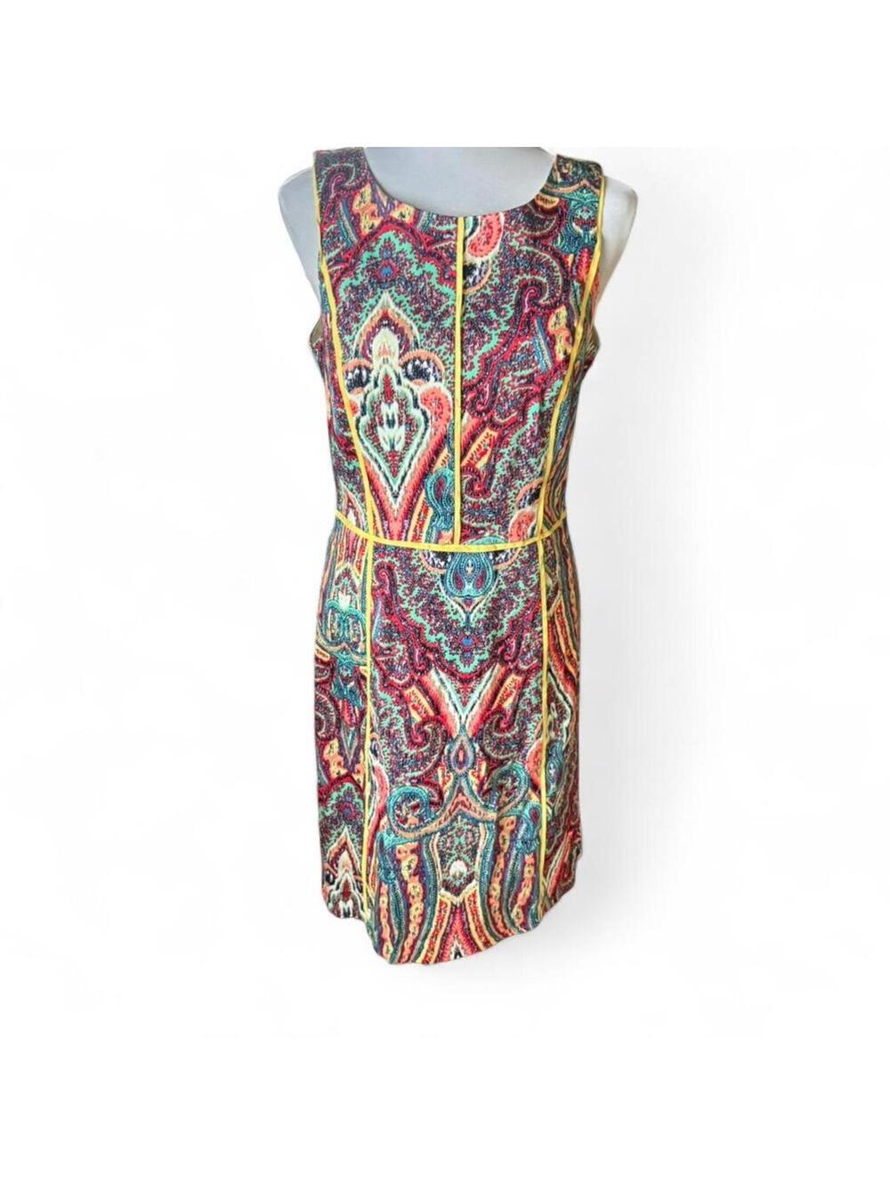 Robbie Bee retro print sleeveless dress with yellow trim size 8